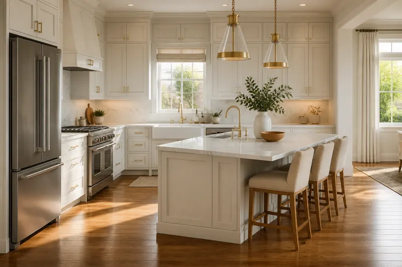 Finished cream kitchen with gold hardware
