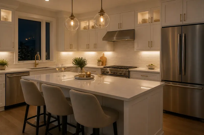 Finished white kitchen at night