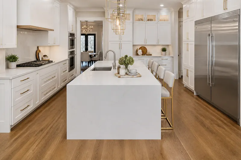 Finished white kitchen from above the island