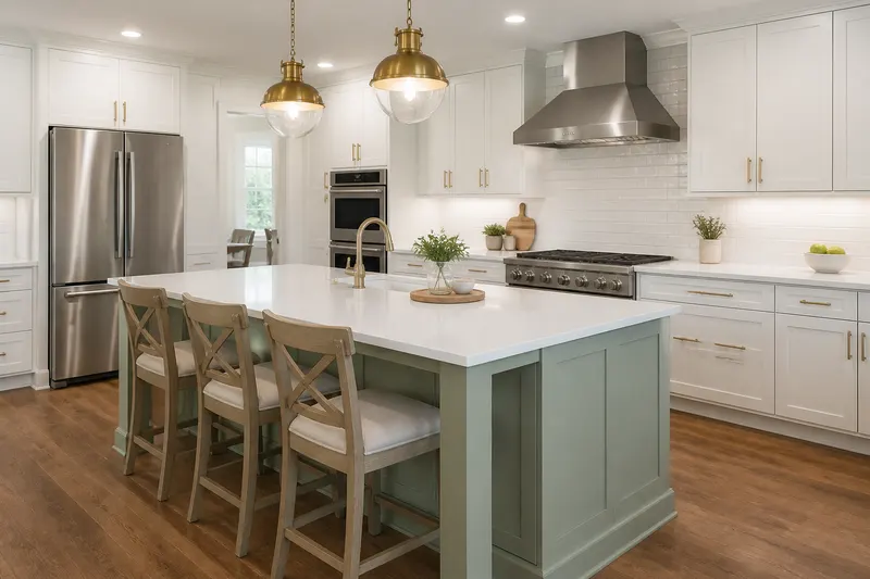Finished kitchen with a green island
