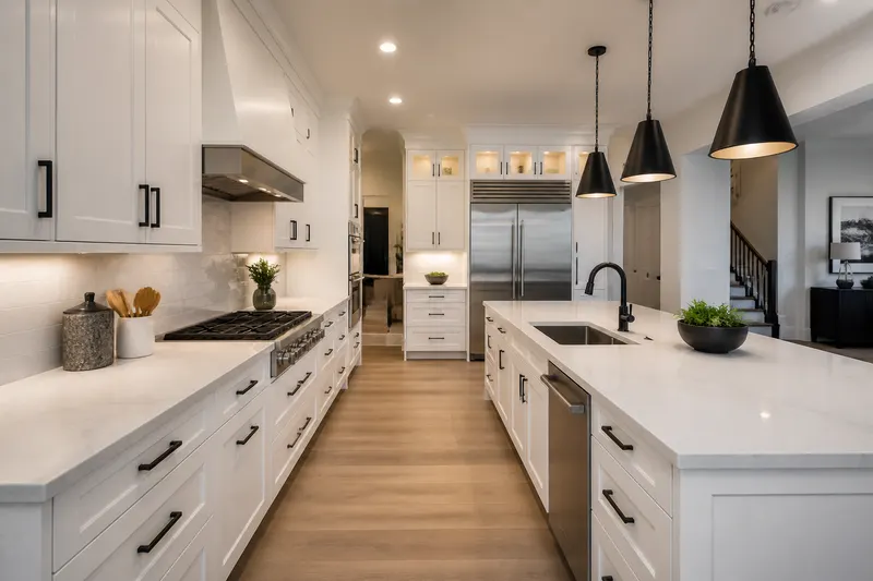 Finished white kitchen with black hardware