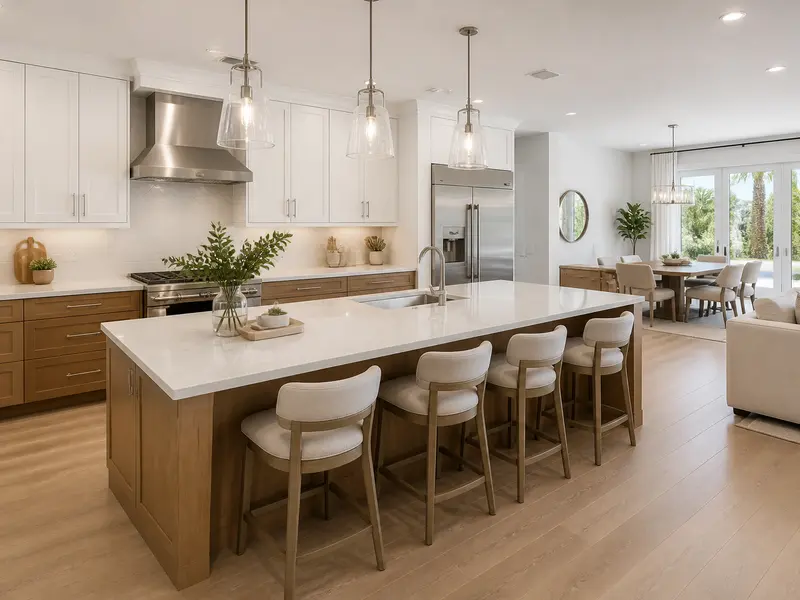 Two-tone kitchen with white uppers, wood lowers, and quartz tops