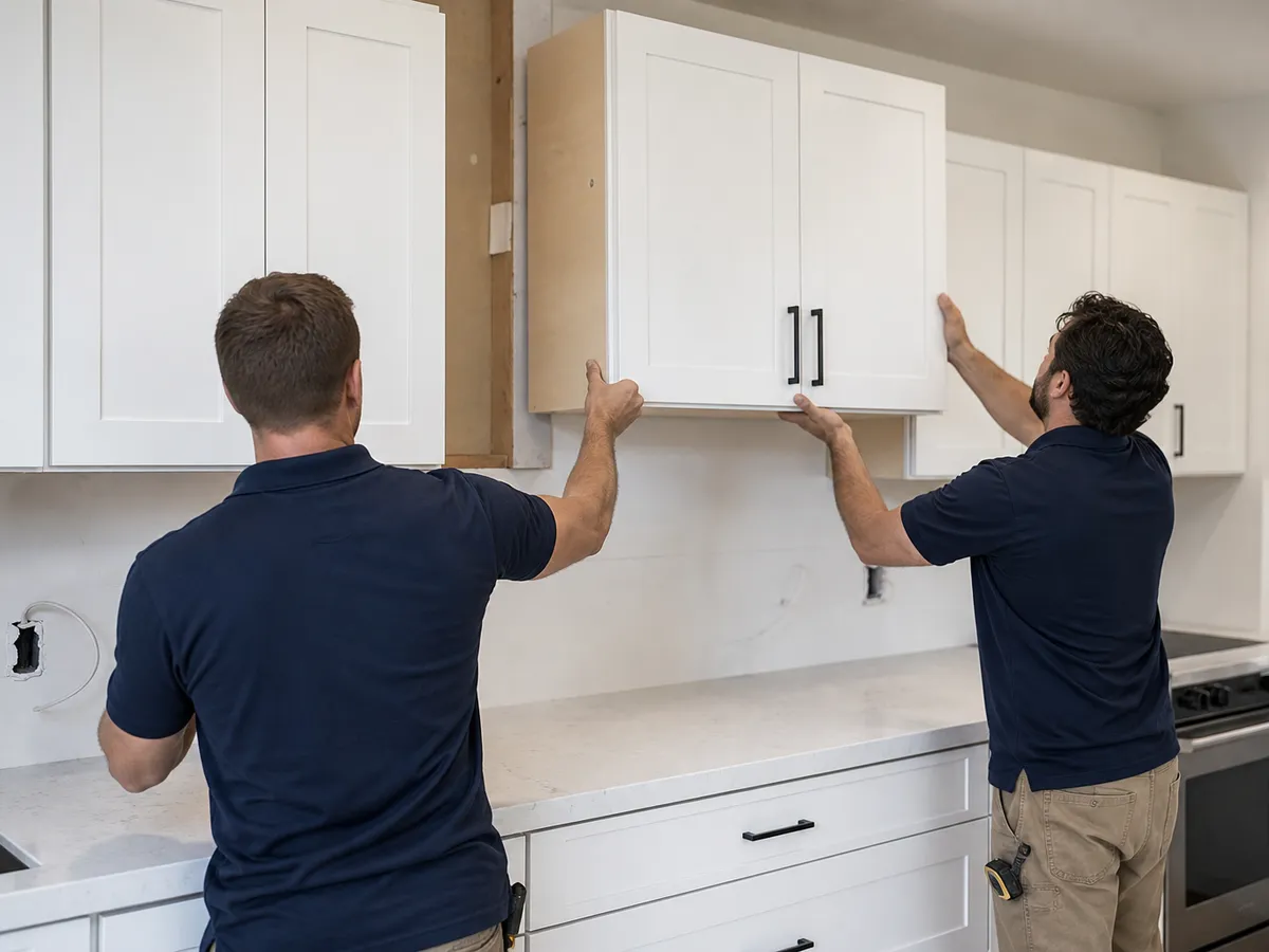Crew hanging White Shaker cabinets